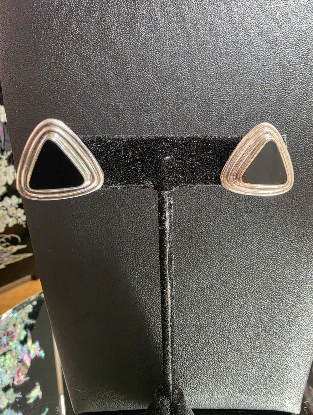 Vintage  925 Black Onyx Stud Triangle Earrings